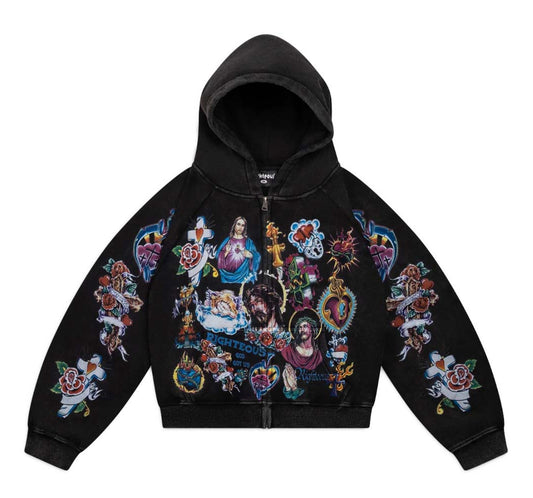 Righteous  Risen King Cropped Zip-Up Hoodie Black